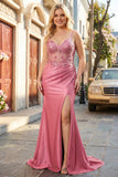 Sparkly Coral Mermaid Plus Size Corset Spaghetti Straps Prom Dress with Sequin