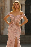 Mermaid Blush Floral Plus Size Off the Shoulder Long Prom Dress with Slit