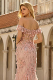 Mermaid Blush Floral Plus Size Off the Shoulder Long Prom Dress with Slit