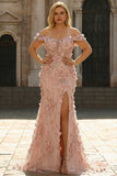 Mermaid Blush Floral Plus Size Off the Shoulder Long Prom Dress with Slit