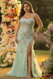 Green Mermaid Plus Size Sequined Floral Tulle Prom Dress with Slit