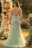 Green Mermaid Plus Size Sequined Floral Tulle Prom Dress with Slit