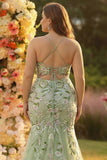 Green Mermaid Plus Size Sequined Floral Tulle Prom Dress with Slit