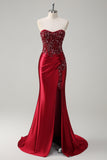 Dark Green Corset Mermaid Sparkly Satin Maxi Prom Dress with Slit
