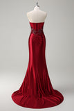 Dark Green Corset Mermaid Sparkly Satin Maxi Prom Dress with Slit