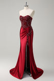 Dark Green Corset Mermaid Sparkly Satin Maxi Prom Dress with Slit