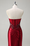 Burgundy Strapless Beaded Satin Mermaid Prom Dress with Slit