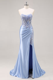 Mermaid Sparkly Blue Satin Corset Maxi Prom Dress with Slit