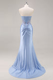 Burgundy Strapless Beaded Satin Mermaid Prom Dress with Slit