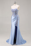 Burgundy Strapless Beaded Satin Mermaid Prom Dress with Slit