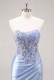 Burgundy Strapless Beaded Satin Mermaid Prom Dress with Slit