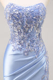 Burgundy Strapless Beaded Satin Mermaid Prom Dress with Slit