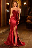 Burgundy Beaded Satin Strapless Mermaid Prom Dress with Slit