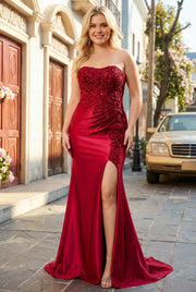 Burgundy Beaded Satin Strapless Plus Size Mermaid Prom Dress with Slit