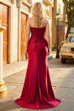 Burgundy Beaded Satin Strapless Plus Size Mermaid Prom Dress with Slit