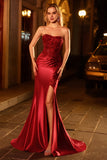 Burgundy Beaded Satin Strapless Mermaid Prom Dress with Slit
