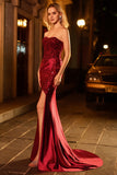 Burgundy Beaded Satin Strapless Mermaid Prom Dress with Slit