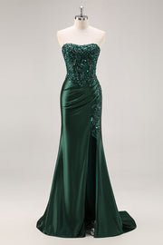 Dark Green Corset Mermaid Sparkly Satin Maxi Prom Dress with Slit