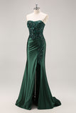 Burgundy Strapless Beaded Satin Mermaid Prom Dress with Slit