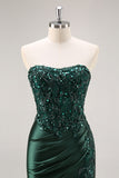 Burgundy Strapless Beaded Satin Mermaid Prom Dress with Slit
