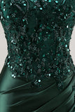 Burgundy Strapless Beaded Satin Mermaid Prom Dress with Slit