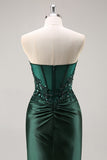Burgundy Strapless Beaded Satin Mermaid Prom Dress with Slit