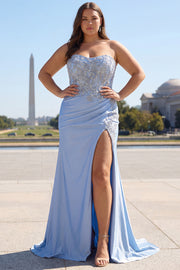 Blue Satin Mermaid Sparkly Plus Size Corset Maxi Prom Dress with Slit