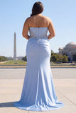 Burgundy Beaded Satin Strapless Mermaid Prom Dress with Slit