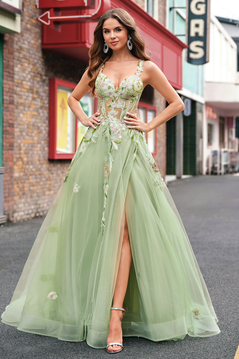 Leely Women Green Floral Tulle A-Line Prom Dress with Slit Sequined Sweep Train Formal Dress with Criss Cross Back leelyuk Leely Women Green Floral Tulle A-Line Prom Dress with Slit Sequined Sweep Train Formal Dress with Criss Cross Back leelyuk