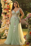 Green Sequined Floral Tulle A-Line Prom Dress with Slit