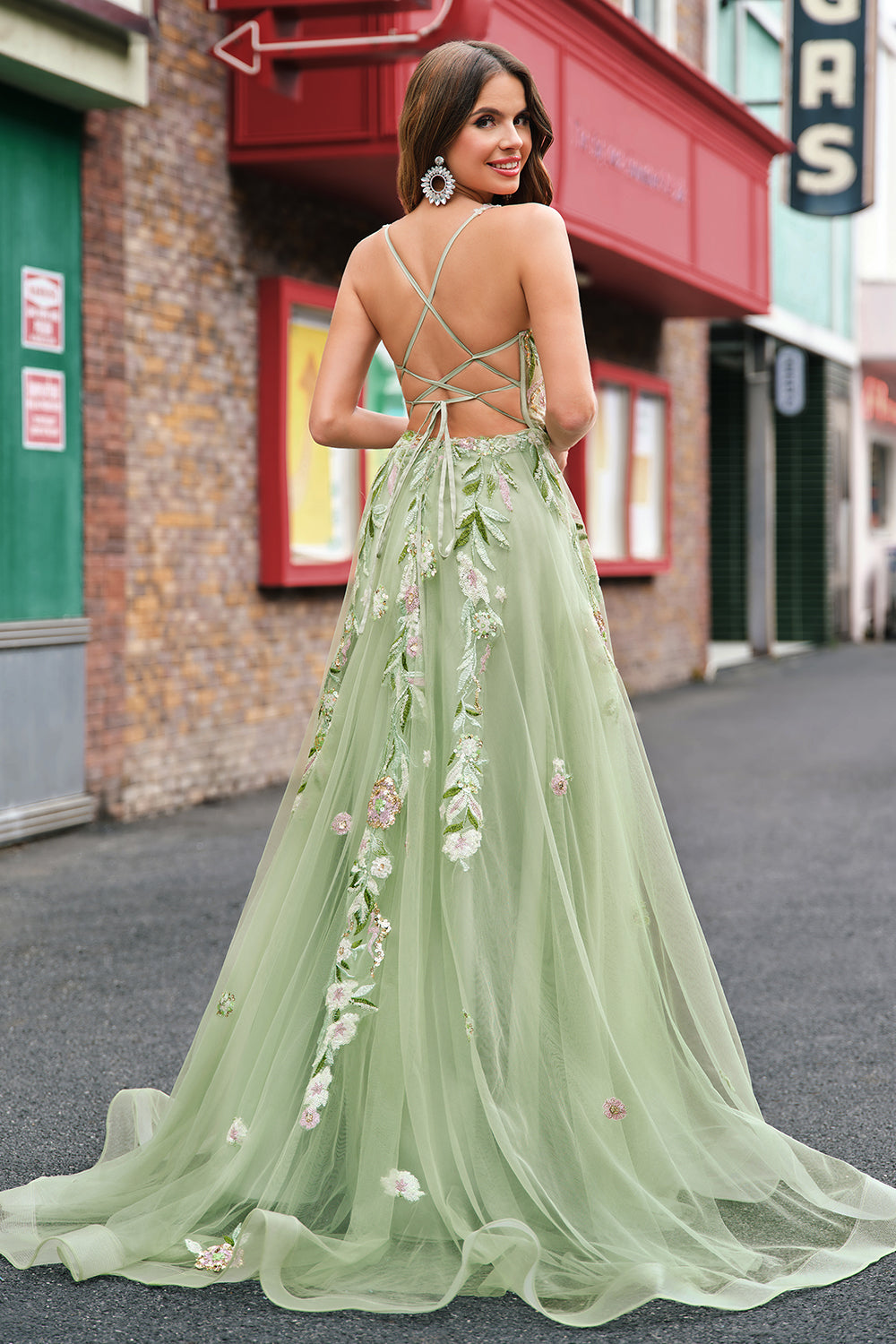 Leely Women Green Floral Tulle A-Line Prom Dress with Slit Sequined Sweep Train Formal Dress with Criss Cross Back leelyuk Leely Women Green Floral Tulle A-Line Prom Dress with Slit Sequined Sweep Train Formal Dress with Criss Cross Back leelyuk