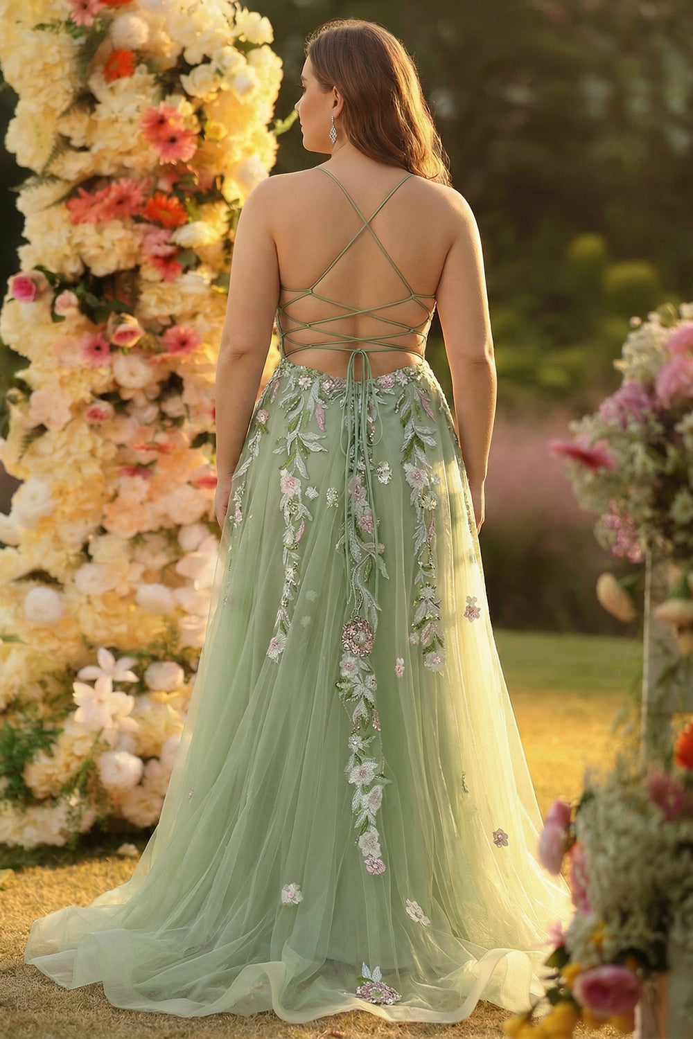 Green Sequined Floral Tulle A-Line Prom Dress with Slit Green Sequined Floral Tulle A-Line Prom Dress with Slit