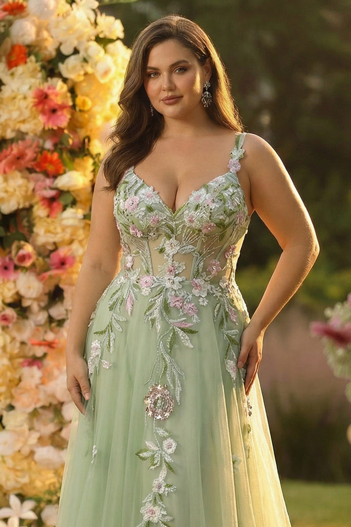 Leely Women Green Floral Tulle A-Line Prom Dress with Slit Sequined