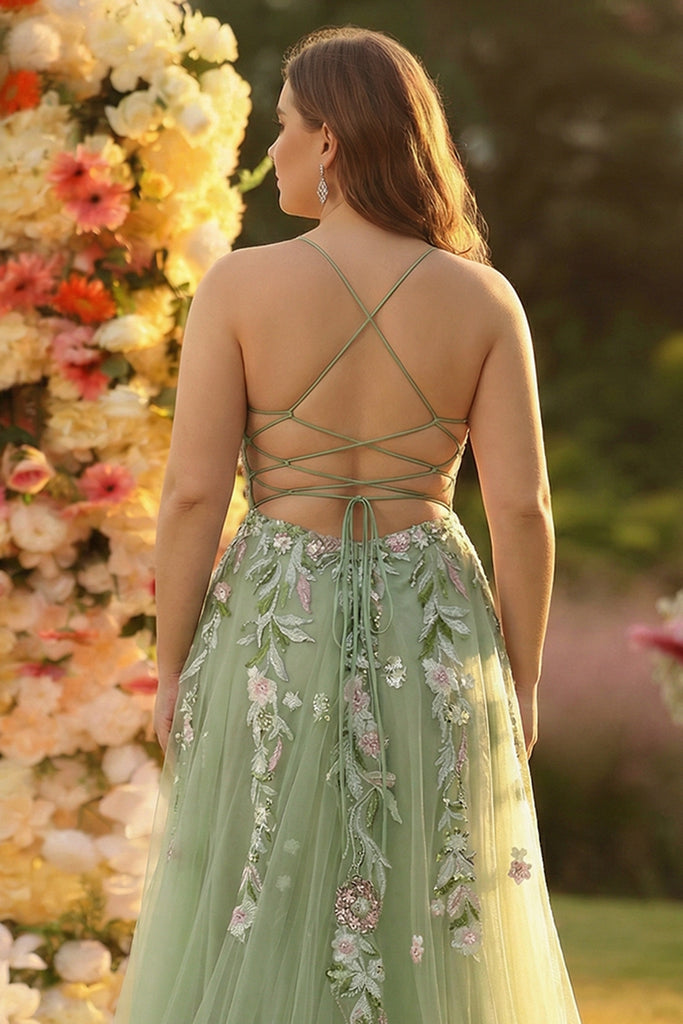 Leely Women Green Floral Tulle A-Line Prom Dress with Slit Sequined