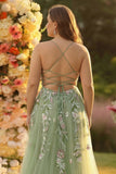 Green Sequined Floral Tulle A-Line Prom Dress with Slit