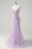 Sparkly Lilac Corset Sequins Mermaid Prom Dress with Criss Cross Back