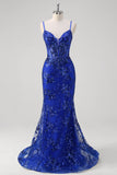 Royal Blue Corset Sequined Applique Mermaid Prom Dress