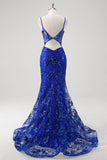 Royal Blue Corset Sequined Applique Mermaid Prom Dress