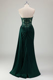 Dark Green Strapless Applique Satin Prom Dress with Slit
