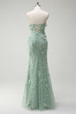 Sage Strapless Corset Applique Beaded Mermaid Prom Dress with Slit