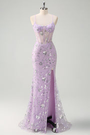 Sparkly Lilac Corset Sequined Mermaid Prom Dress with Slit