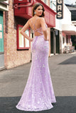 Sparkly Lilac Corset Sequined Mermaid Prom Dress with Slit