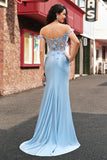 Sky Blue Corset Applique Mermaid Satin Prom Dress with Sequins
