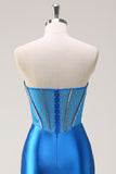 Blue Strapless Beaded Mermaid Satin Prom Dress with Slit