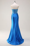 Blue Strapless Beaded Mermaid Satin Prom Dress with Slit