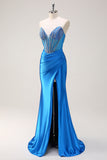 Blue Strapless Beaded Mermaid Satin Prom Dress with Slit