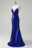 Gorgeous Royal Blue Satin Mermaid Prom Dress with Beading