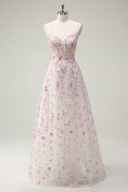 Pink Spaghetti Straps Applique Sequined A-Line Prom Dress