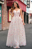 Pink Spaghetti Straps Applique Sequined A-Line Prom Dress