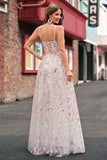 Pink Spaghetti Straps Applique Sequined A-Line Prom Dress